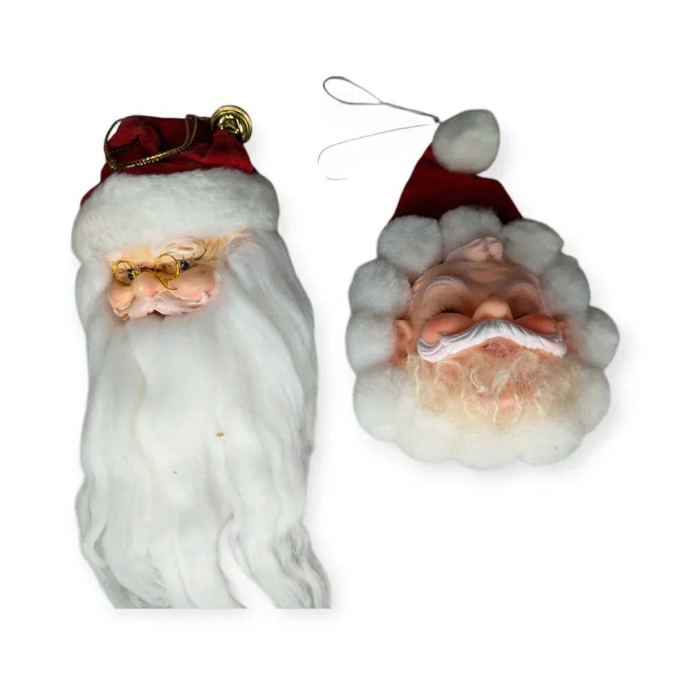 Vintage Vinyl/Hard Plastic Santa Face Ornaments with Fuzzy Beards and Hat Set 2